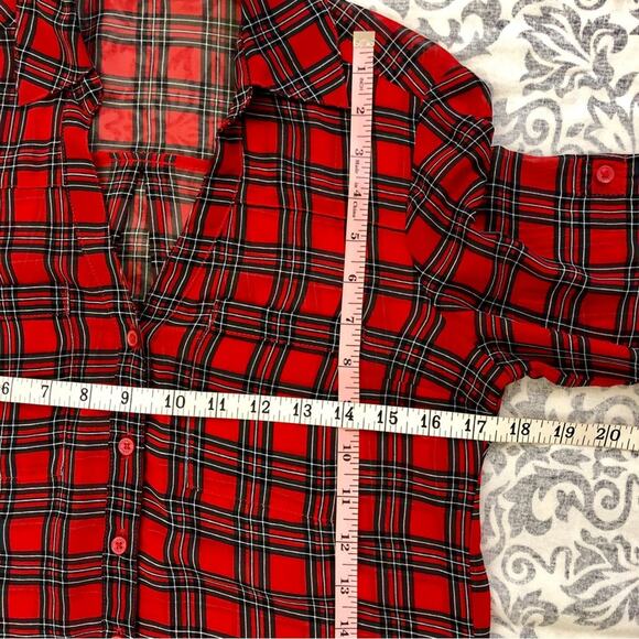Express Red Black Tartan Plaid Portofino Button Front Blouse Notched V Neck - Picture 8 of 16